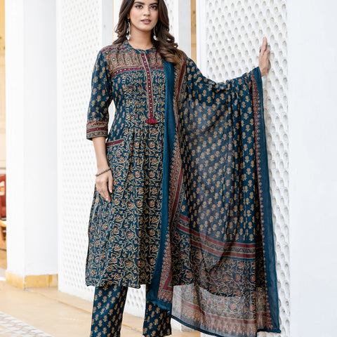 Cotton Motifs Kurta Set with Dupatta
