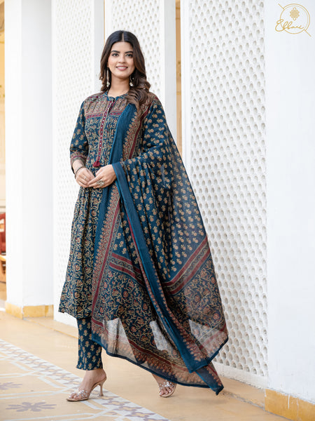 Cotton Motifs Kurta Set with Dupatta