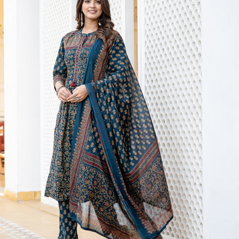 Cotton Motifs Kurta Set with Dupatta
