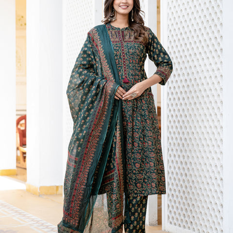 Cotton Motifs Kurta Set with Dupatta