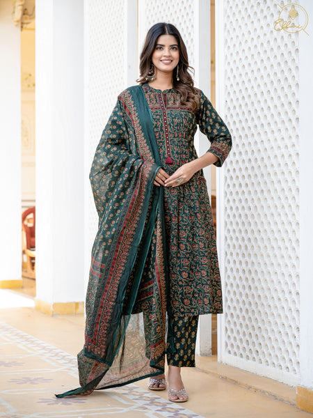 Cotton Motifs Kurta Set with Dupatta