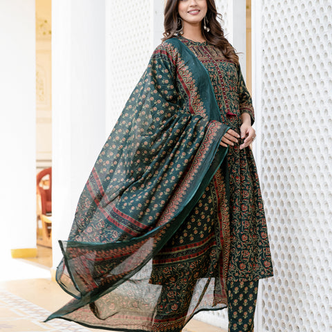 Cotton Motifs Kurta Set with Dupatta