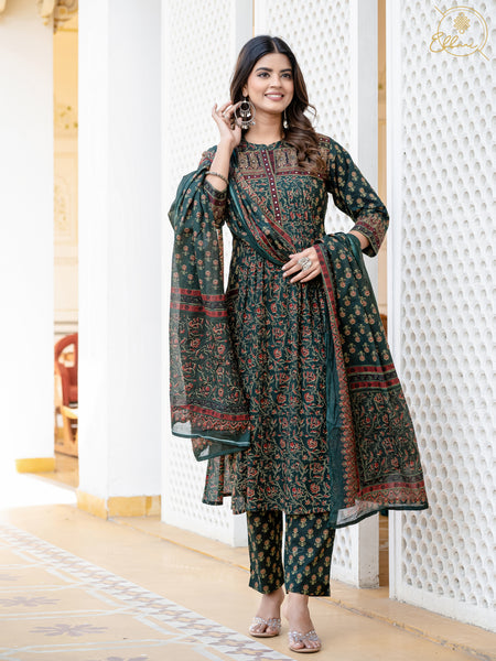 Cotton Motifs Kurta Set with Dupatta