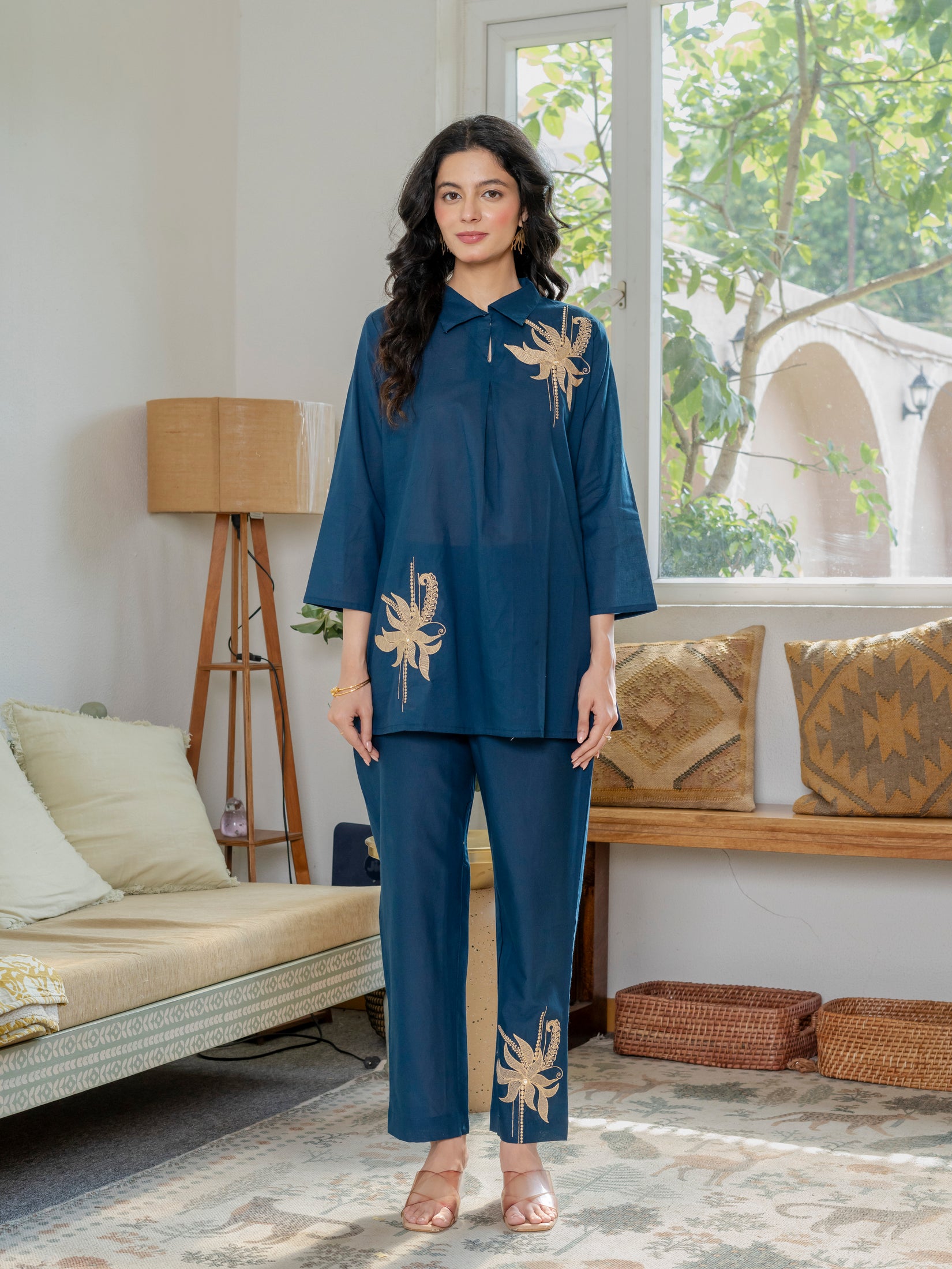 Embroidered Collared Top & Straight Pants Co-ord Set