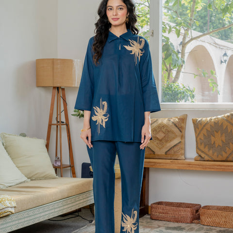 Embroidered Collared Top & Straight Pants Co-ord Set