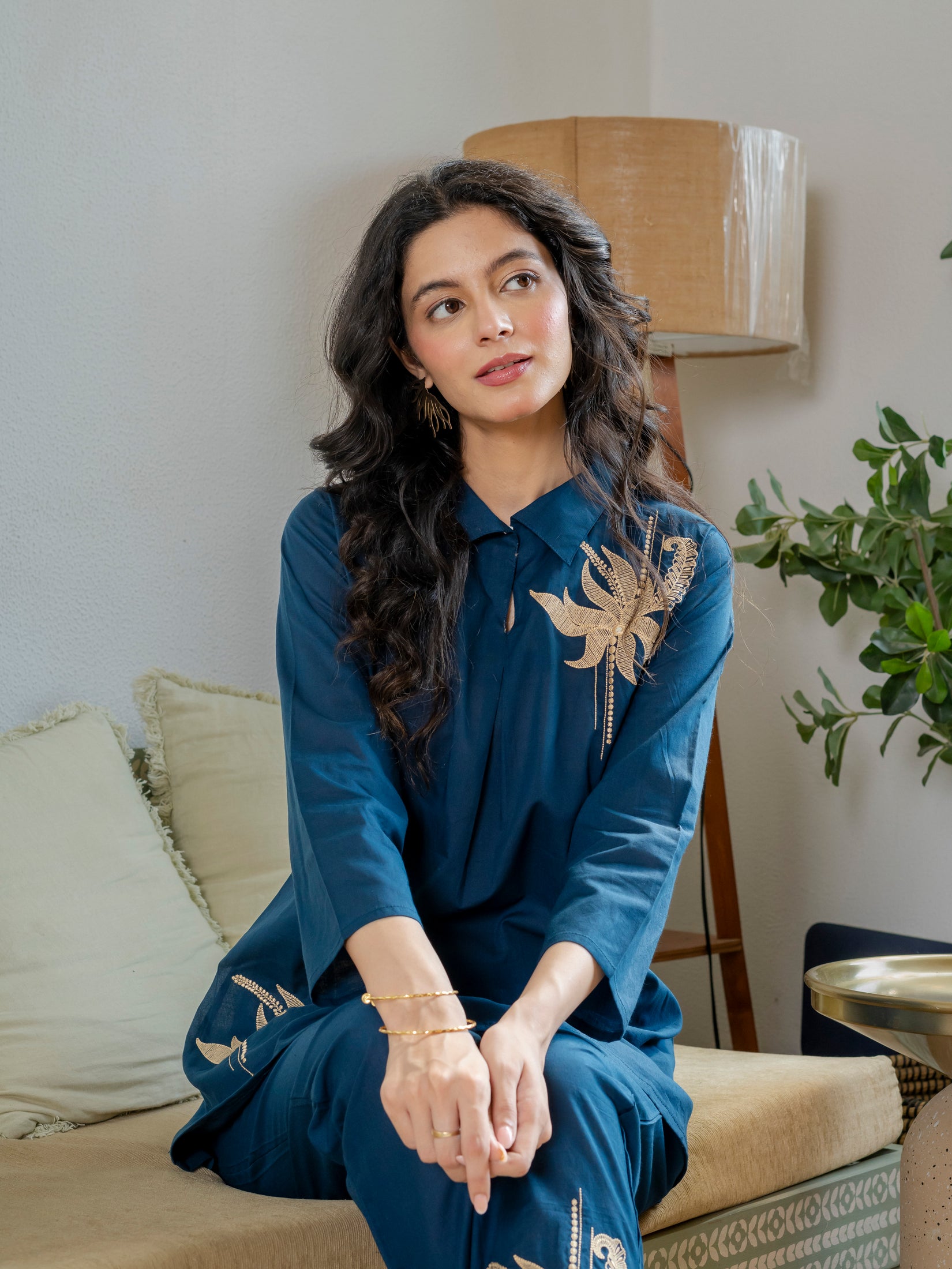 Embroidered Collared Top & Straight Pants Co-ord Set