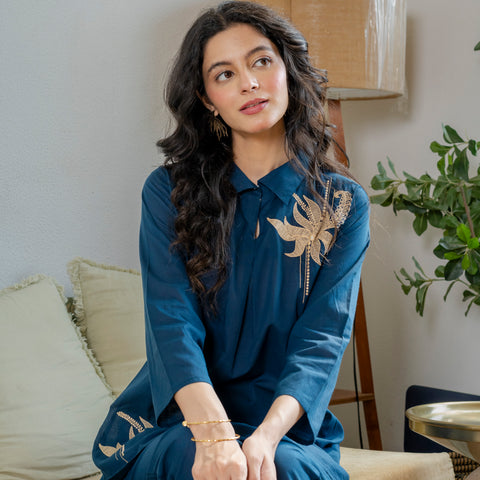 Embroidered Collared Top & Straight Pants Co-ord Set