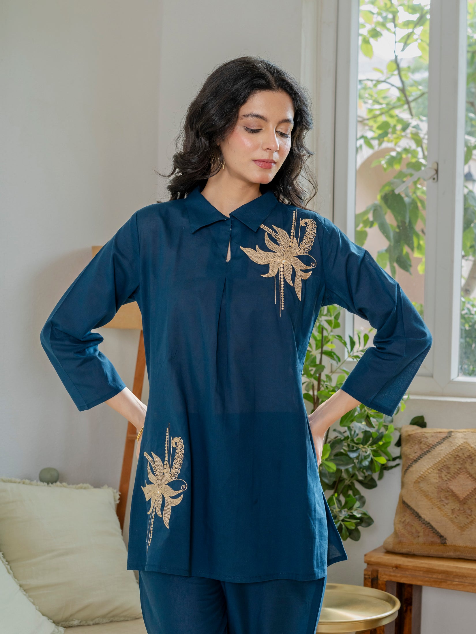 Embroidered Collared Top & Straight Pants Co-ord Set
