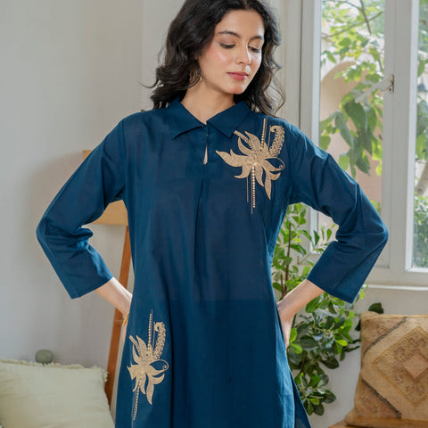 Embroidered Collared Top & Straight Pants Co-ord Set