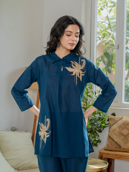 Embroidered Collared Top & Straight Pants Co-ord Set