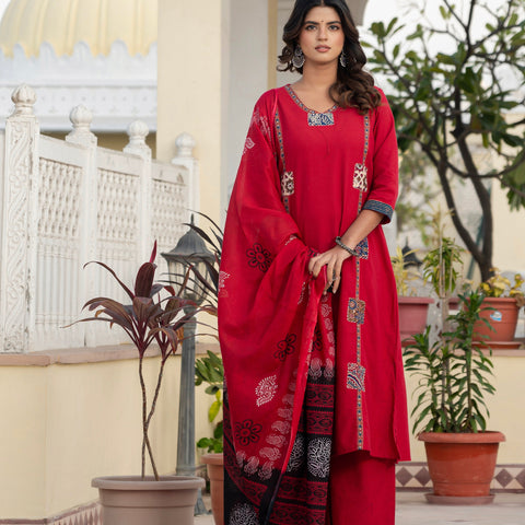 Cotton Rani Patch Work Kurta Set with Dupatta