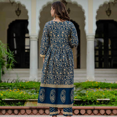Ebbani Women’s Pure Cotton Ethnic Blue Printed Kurta Set with Pants & Dupatta