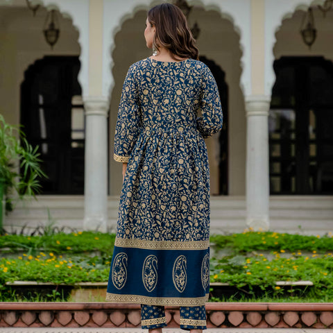 Cotton Blue Printed Kurta Set with Pants & Dupatta