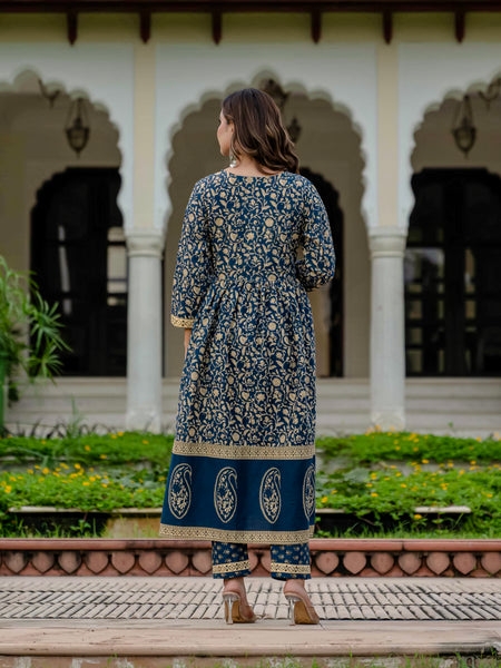 Ebbani Women’s Pure Cotton Ethnic Blue Printed Kurta Set with Pants & Dupatta