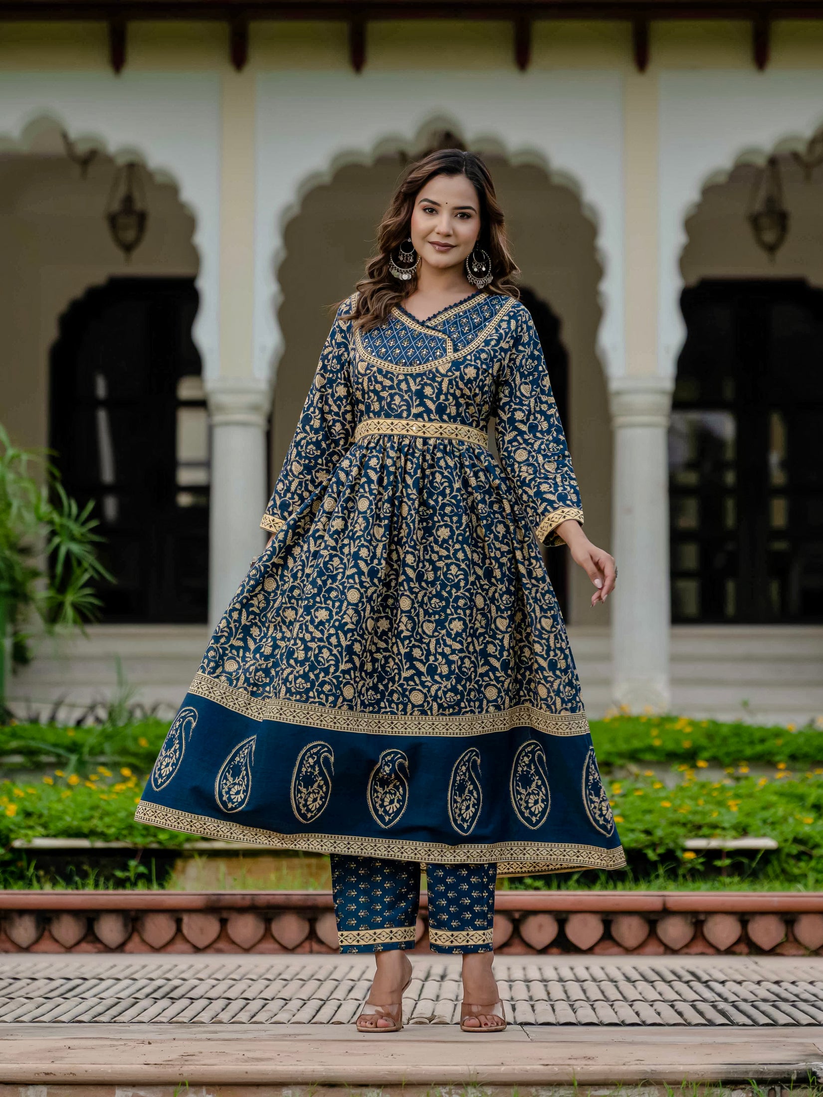 Cotton Blue Printed Kurta Set with Pants & Dupatta