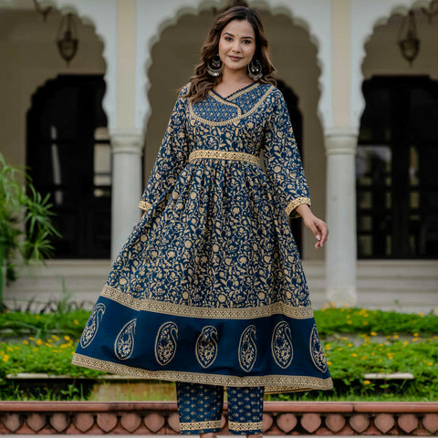 Cotton Blue Printed Kurta Set with Pants & Dupatta