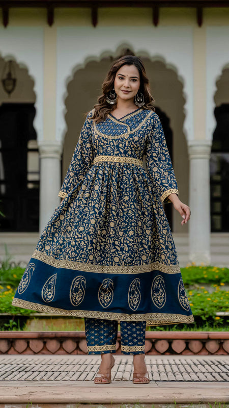 Ebbani Women’s Pure Cotton Ethnic Blue Printed Kurta Set with Pants & Dupatta