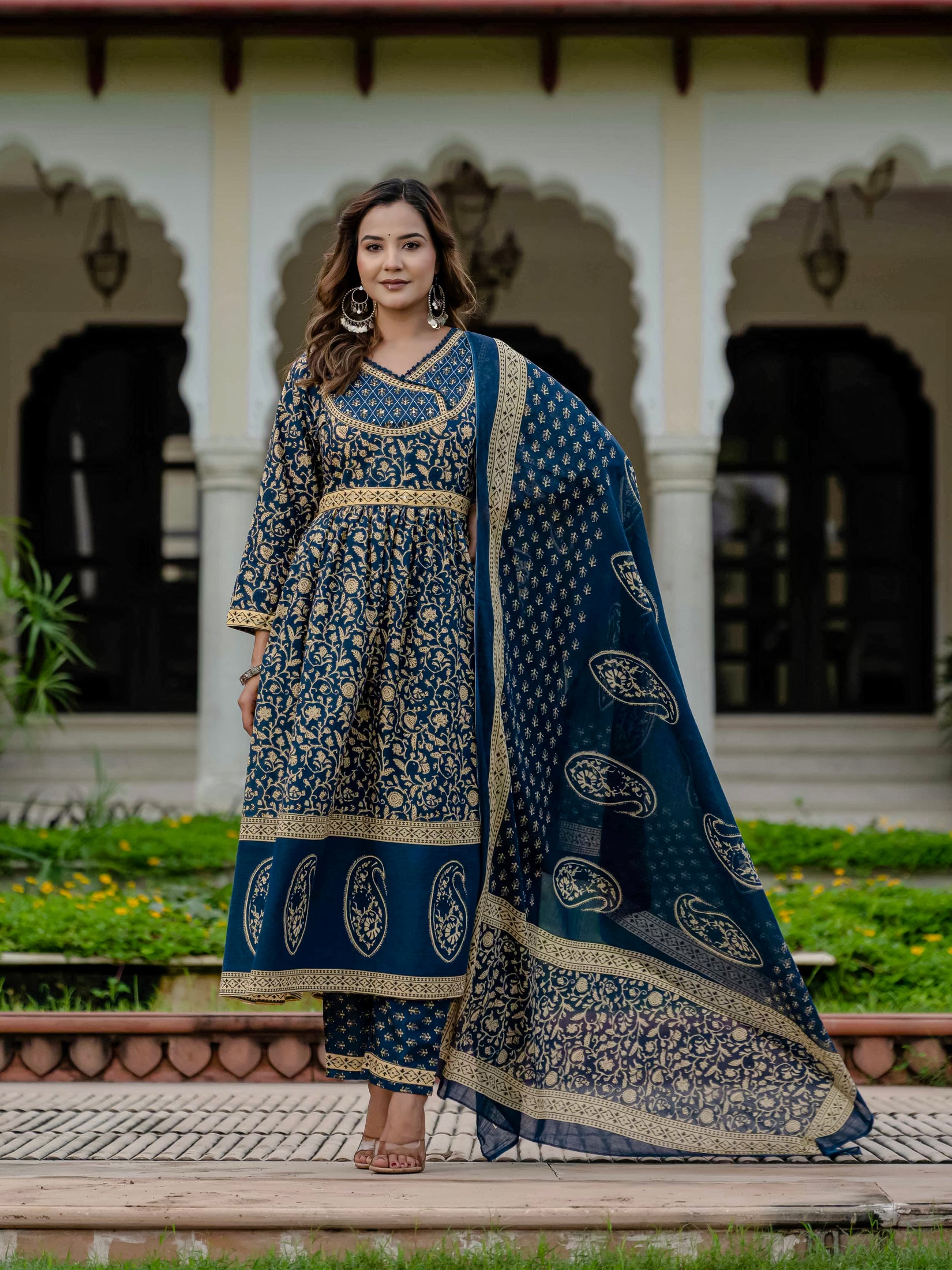 Cotton Blue Printed Kurta Set with Pants & Dupatta