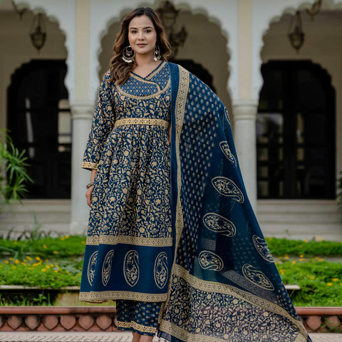 Cotton Blue Printed Kurta Set with Pants & Dupatta