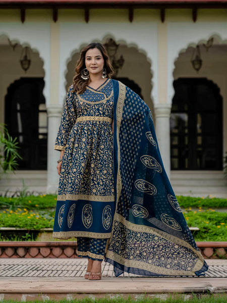 Ebbani Women’s Pure Cotton Ethnic Blue Printed Kurta Set with Pants & Dupatta