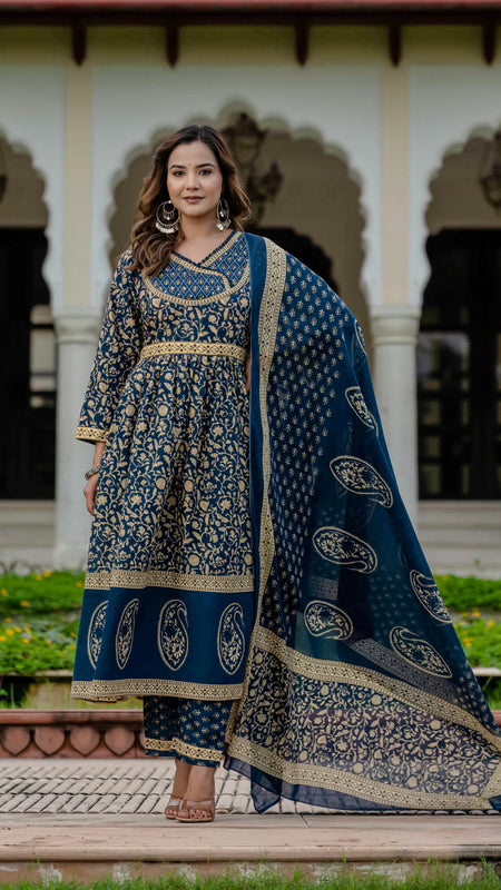 Ebbani Women’s Pure Cotton Ethnic Blue Printed Kurta Set with Pants & Dupatta