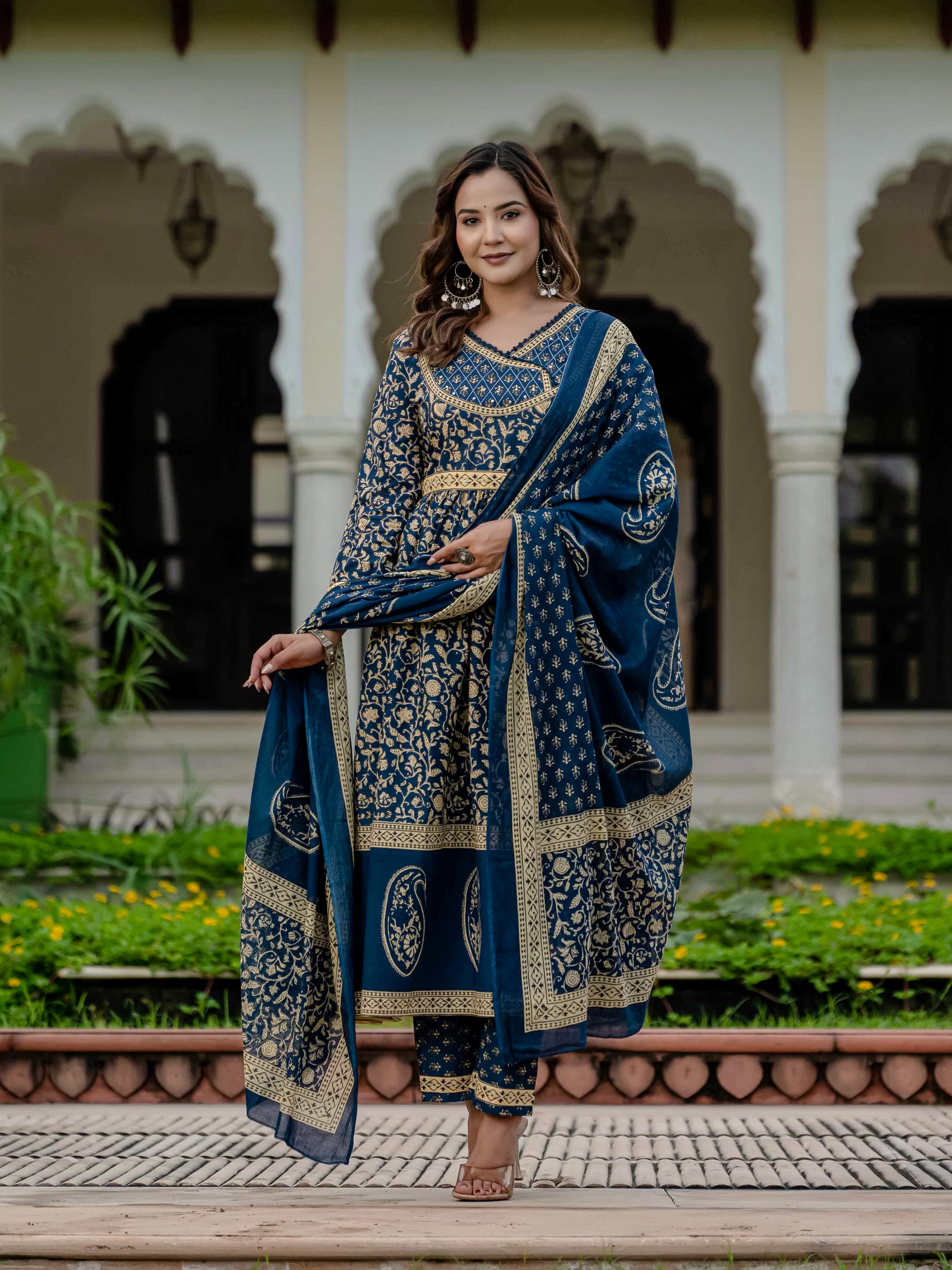 Cotton Blue Printed Kurta Set with Pants & Dupatta