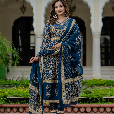 Cotton Blue Printed Kurta Set with Pants & Dupatta