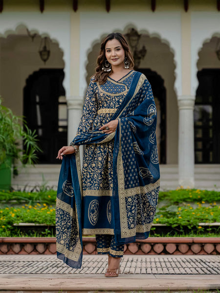 Ebbani Women’s Pure Cotton Ethnic Blue Printed Kurta Set with Pants & Dupatta