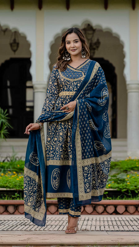 Ebbani Women’s Pure Cotton Ethnic Blue Printed Kurta Set with Pants & Dupatta
