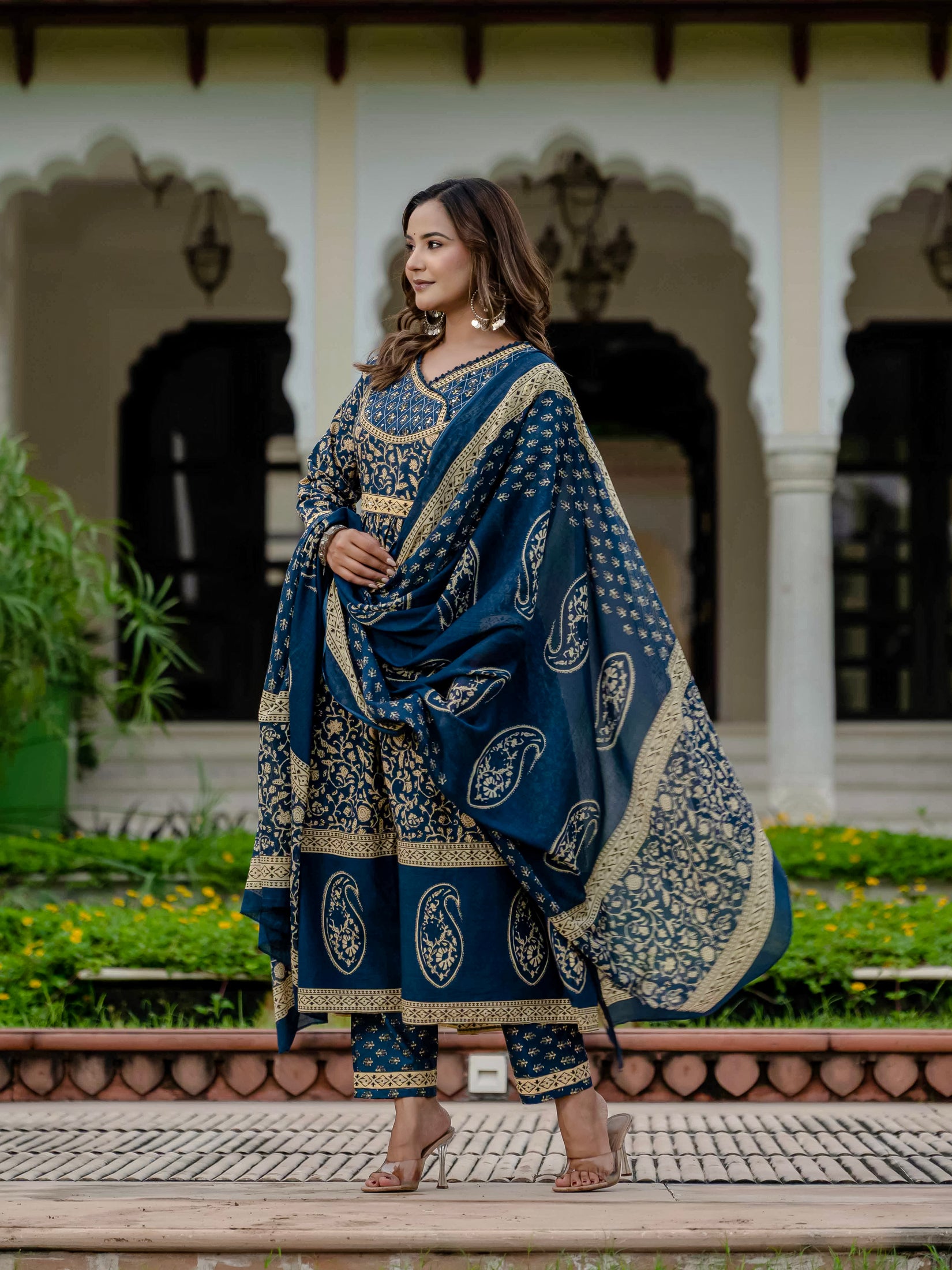 Cotton Blue Printed Kurta Set with Pants & Dupatta