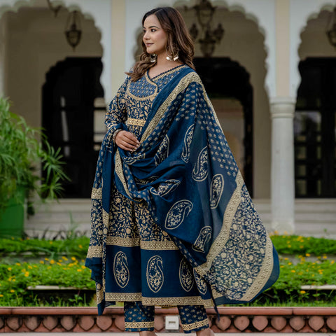 Cotton Blue Printed Kurta Set with Pants & Dupatta