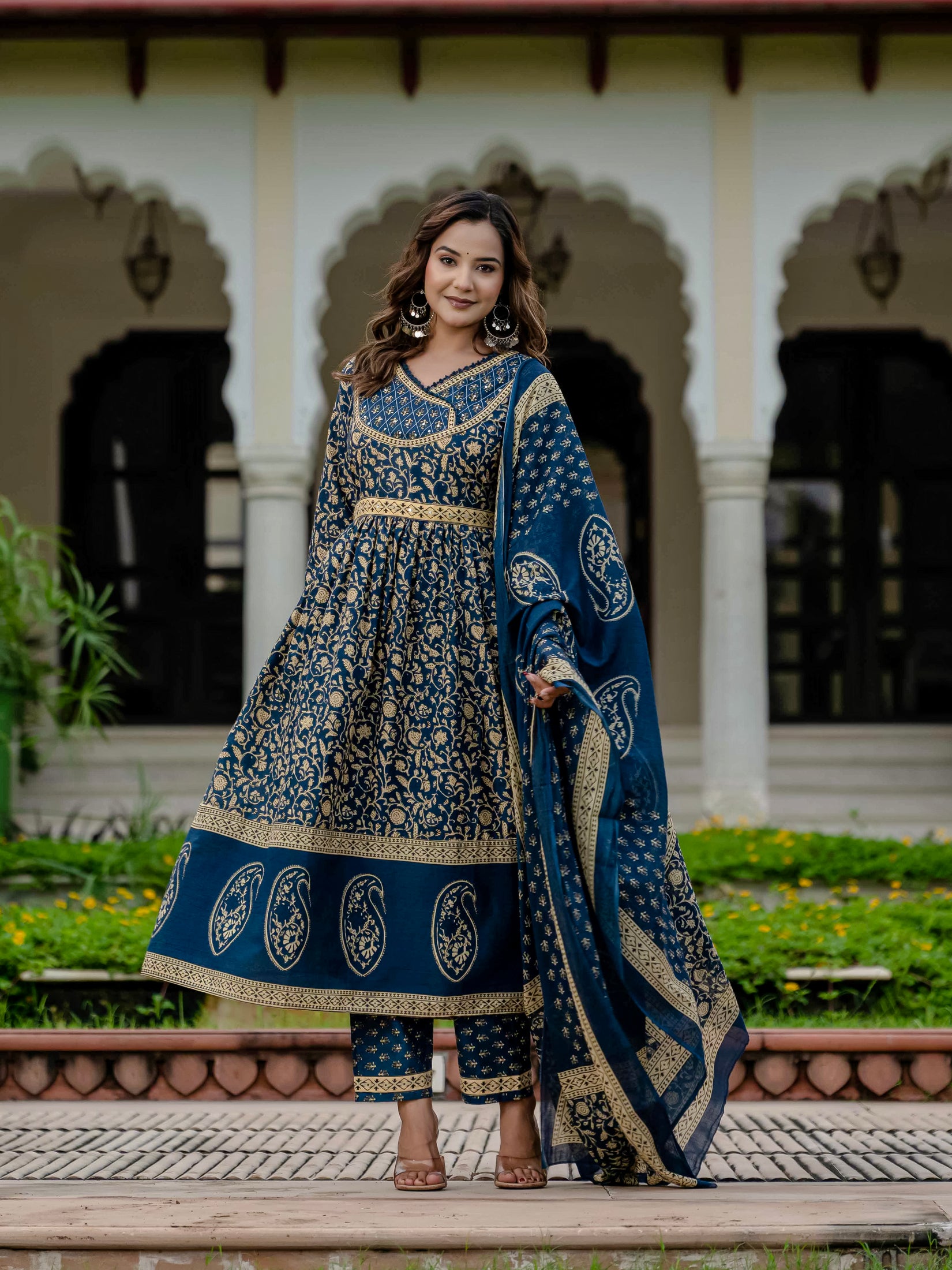 Cotton Blue Printed Kurta Set with Pants & Dupatta