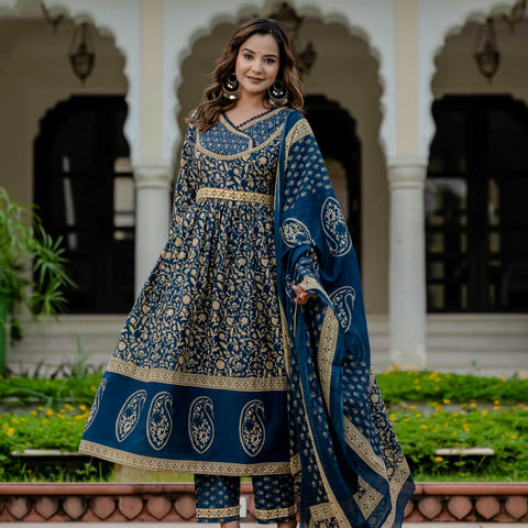 Cotton Blue Printed Kurta Set with Pants & Dupatta