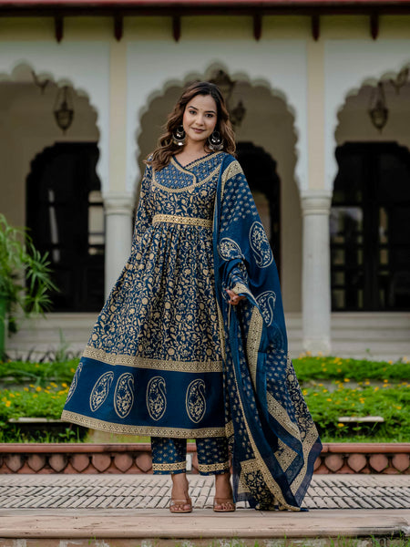 Ebbani Women’s Pure Cotton Ethnic Blue Printed Kurta Set with Pants & Dupatta