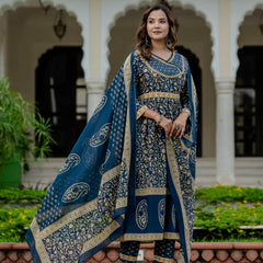 Ebbani Women’s Pure Cotton Ethnic Blue Printed Kurta Set with Pants & Dupatta