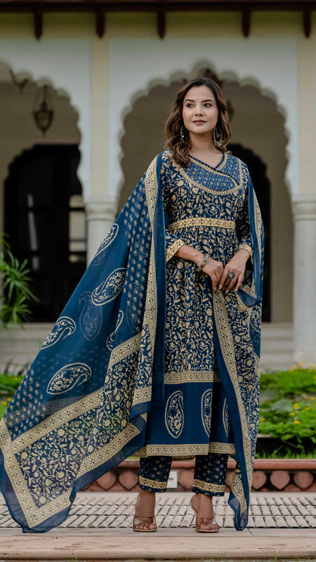 Ebbani Women’s Pure Cotton Ethnic Blue Printed Kurta Set with Pants & Dupatta