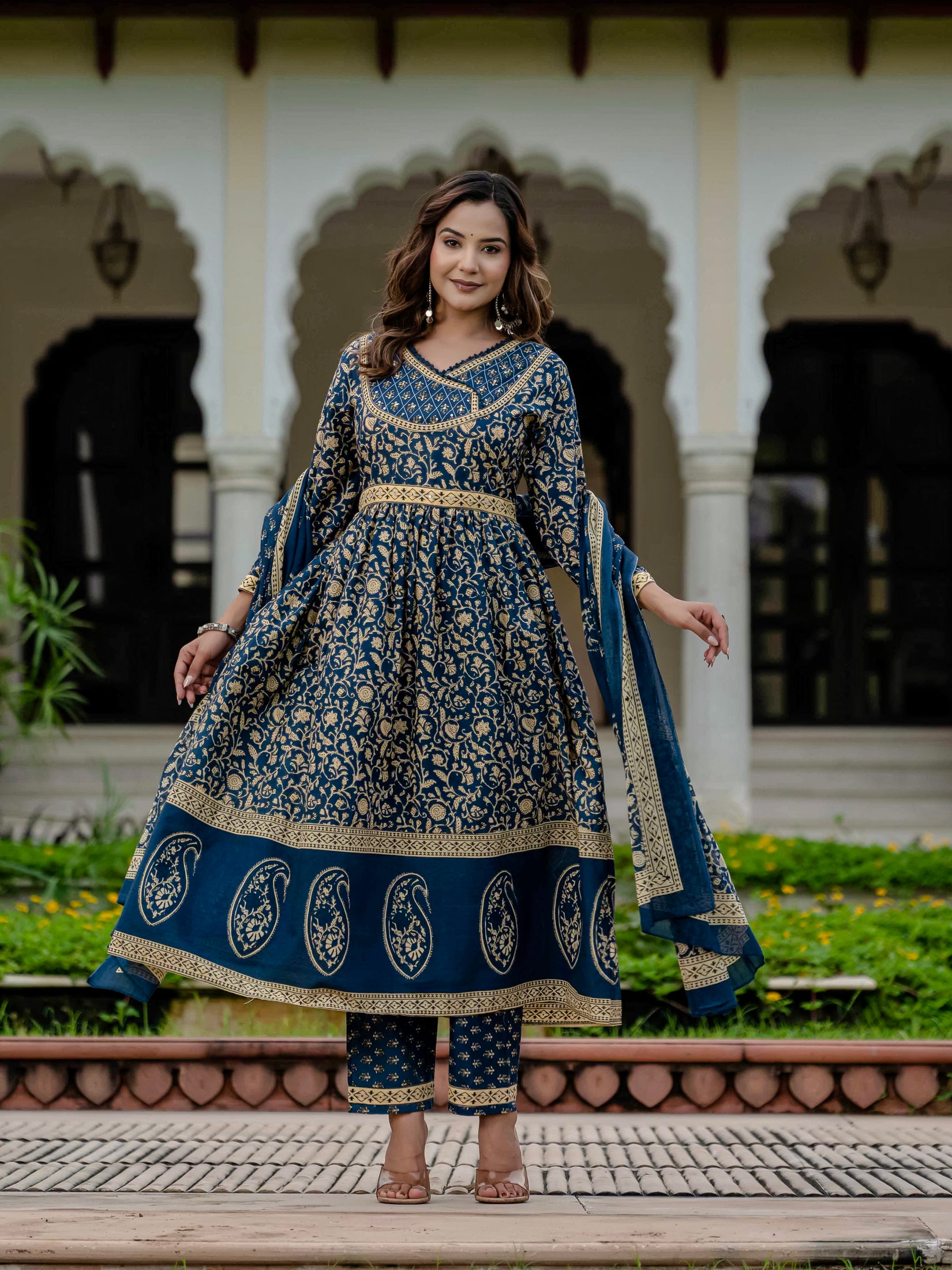Cotton Blue Printed Kurta Set with Pants & Dupatta