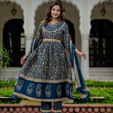 Cotton Blue Printed Kurta Set with Pants & Dupatta