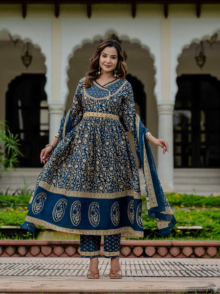 Cotton Blue Printed Kurta Set with Pants & Dupatta