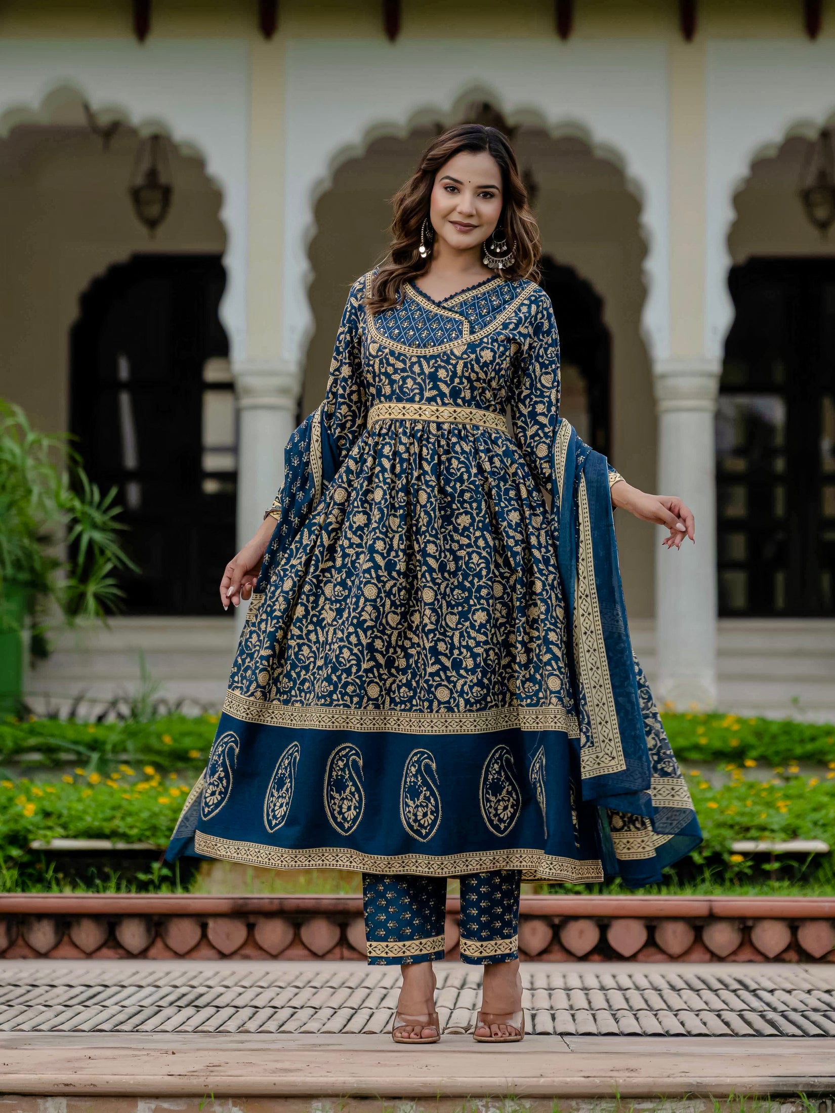 Cotton Blue Printed Kurta Set with Pants & Dupatta