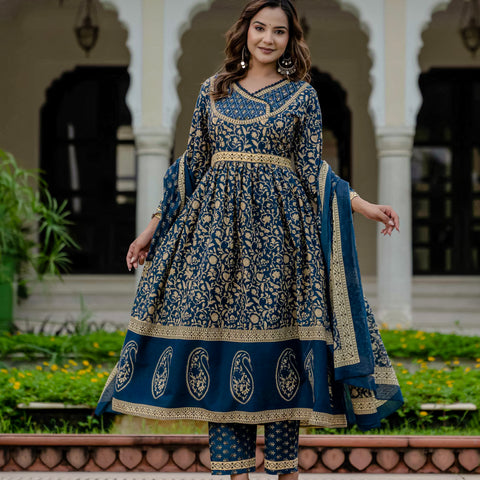 Cotton Blue Printed Kurta Set with Pants & Dupatta