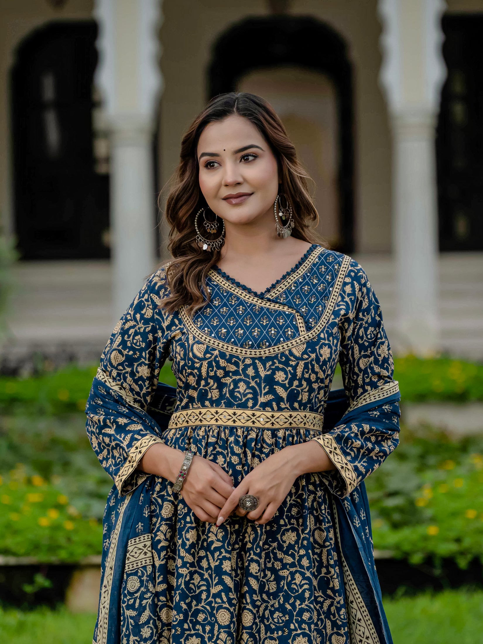 Cotton Blue Printed Kurta Set with Pants & Dupatta