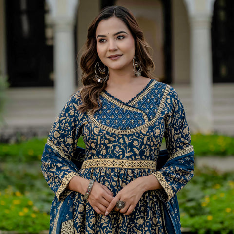 Cotton Blue Printed Kurta Set with Pants & Dupatta