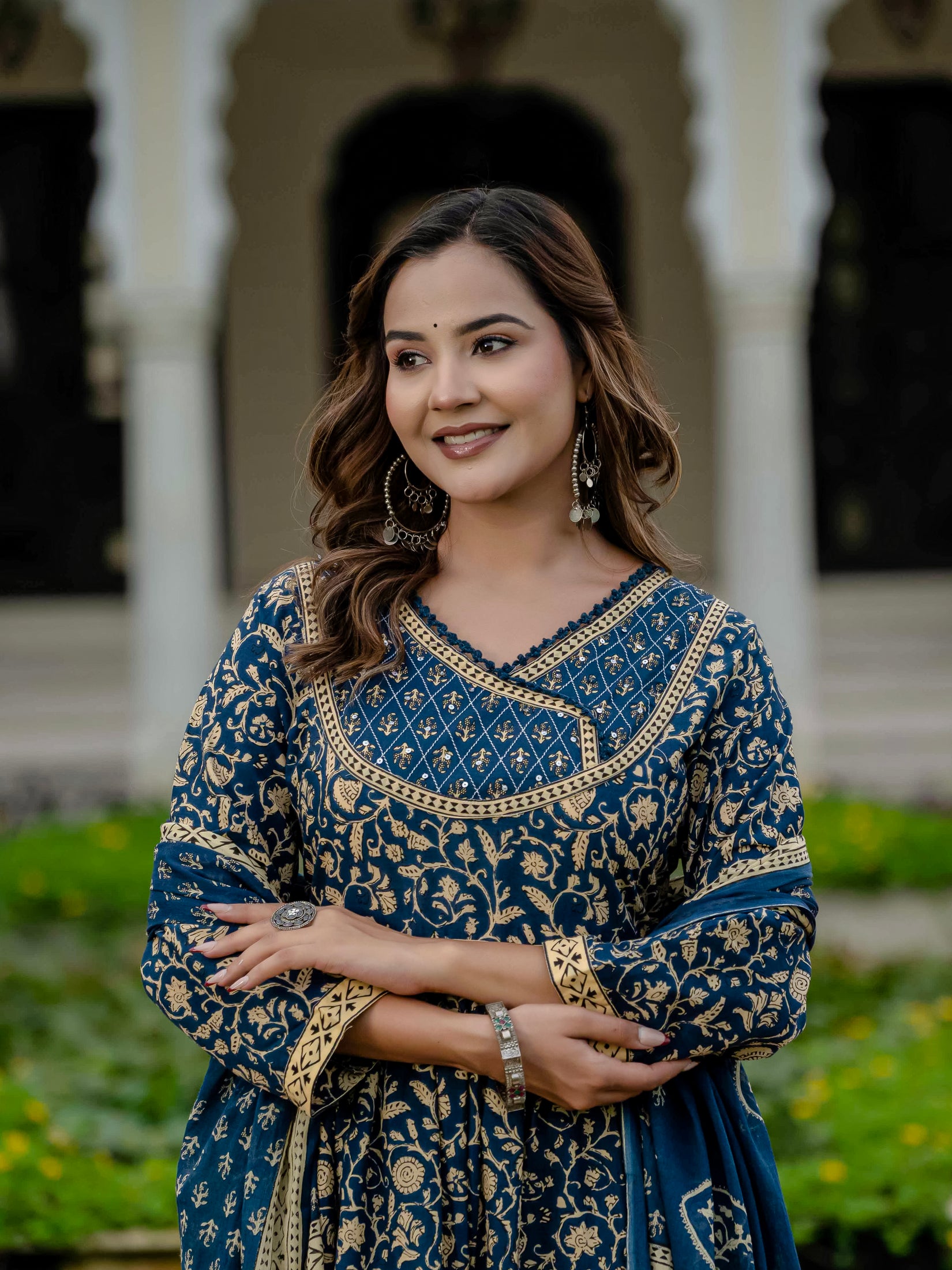 Cotton Blue Printed Kurta Set with Pants & Dupatta