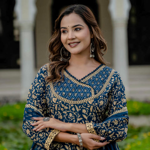 Cotton Blue Printed Kurta Set with Pants & Dupatta