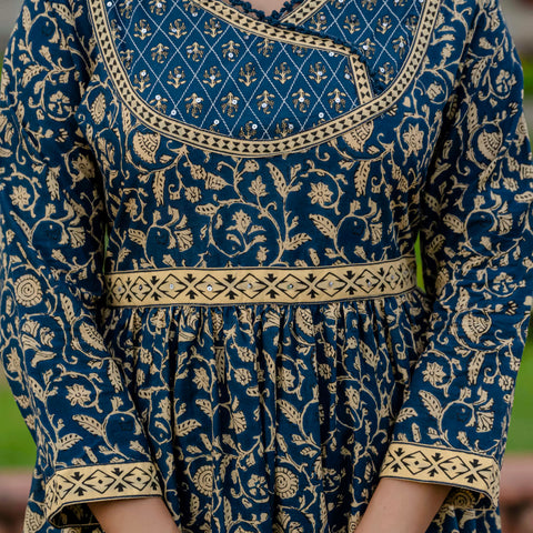 Cotton Blue Printed Kurta Set with Pants & Dupatta