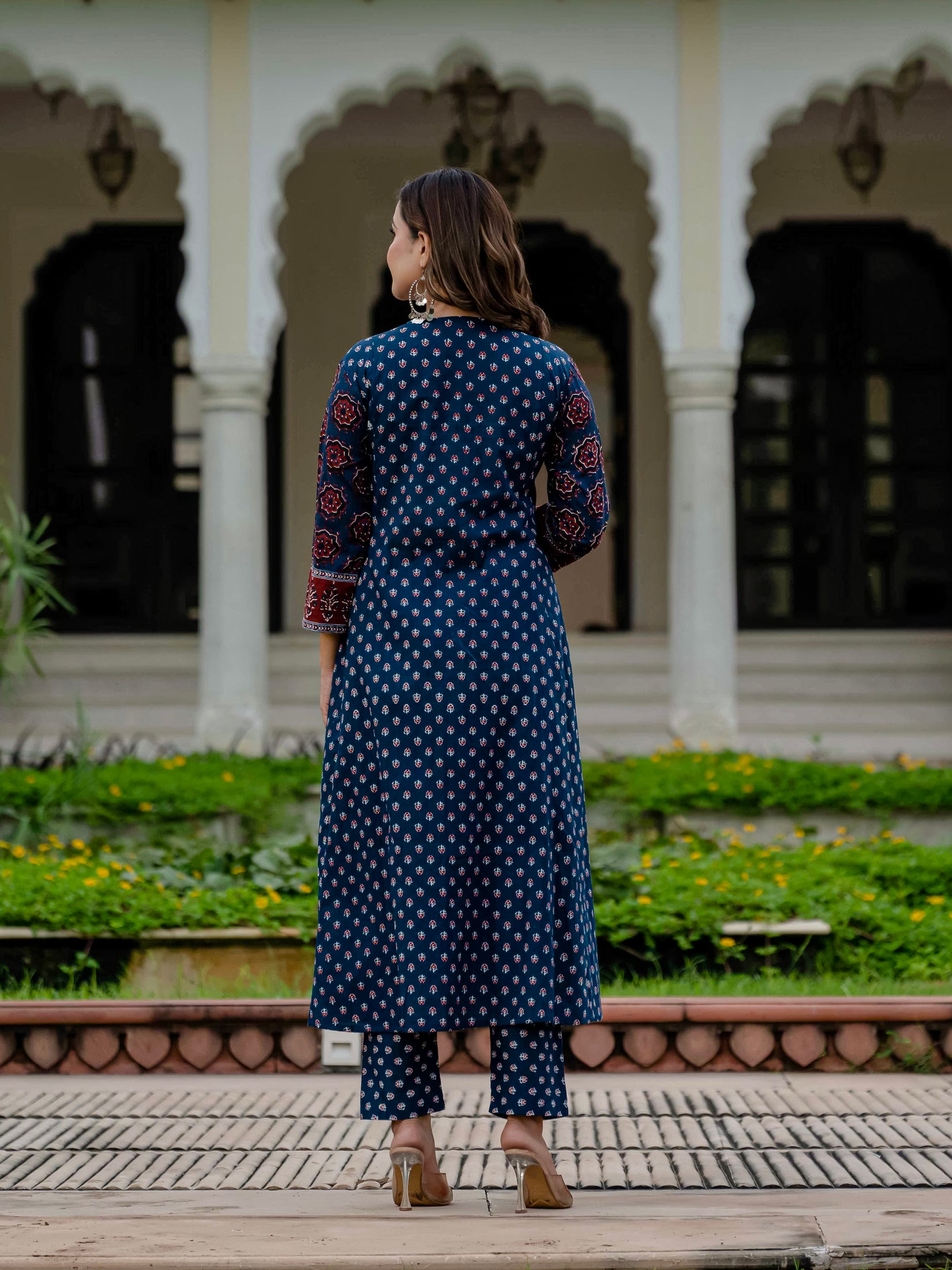 Cotton Printed Navy Blue Kurta Set with Pants & Dupatta
