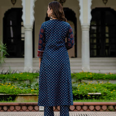 Ebbani Women’s Cotton Ethnic Printed Navy Blue Kurta Set with Pants & Dupatta