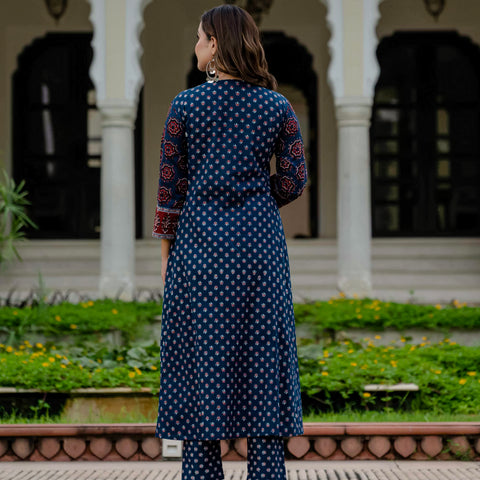Cotton Printed Navy Blue Kurta Set with Pants & Dupatta