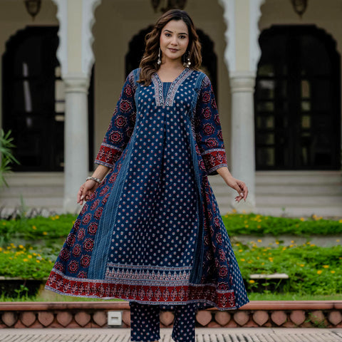 Cotton Printed Navy Blue Kurta Set with Pants & Dupatta